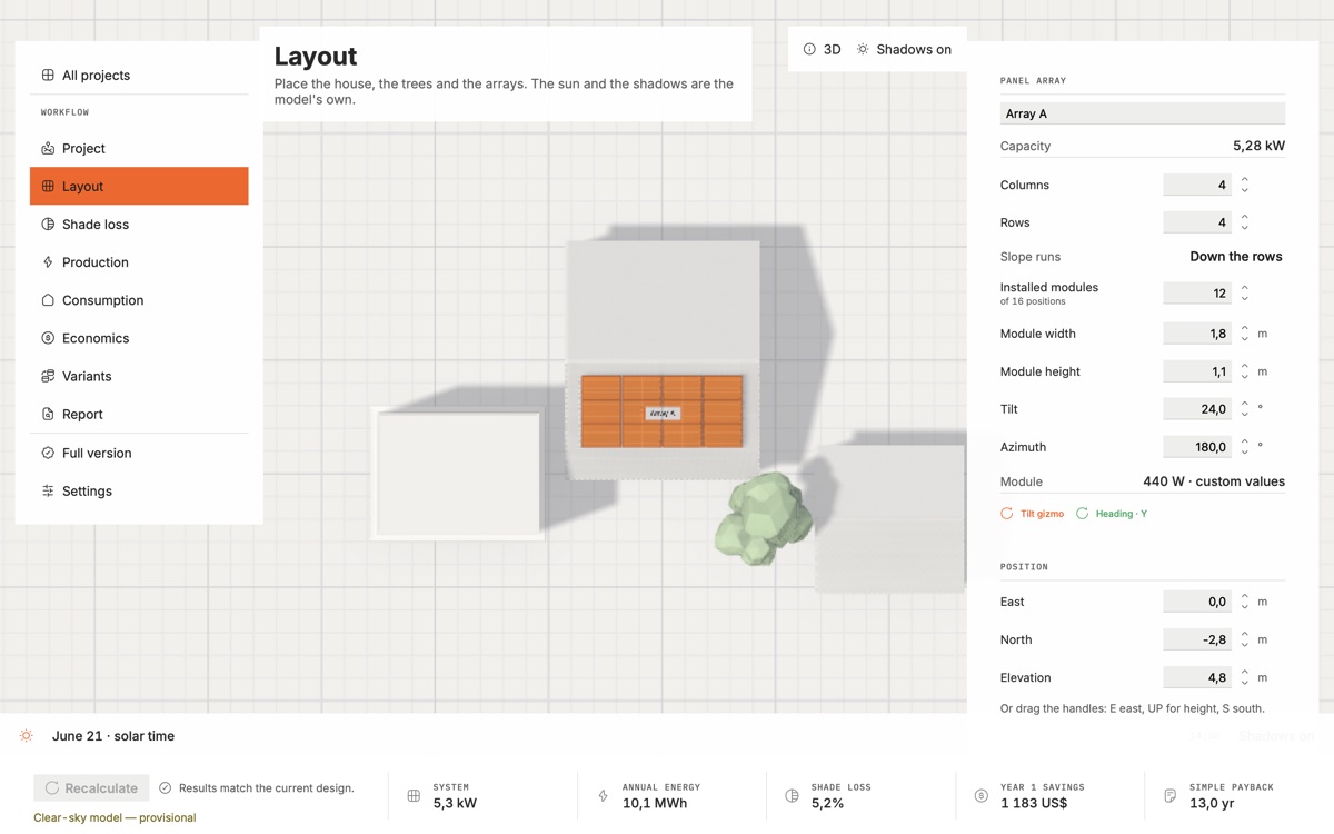 SolarSolution Studio’s Layout view: a house with a twelve-panel array on its roof, a tree and two neighbouring buildings casting shadows, with the array’s settings on the right and the year’s results along the bottom.